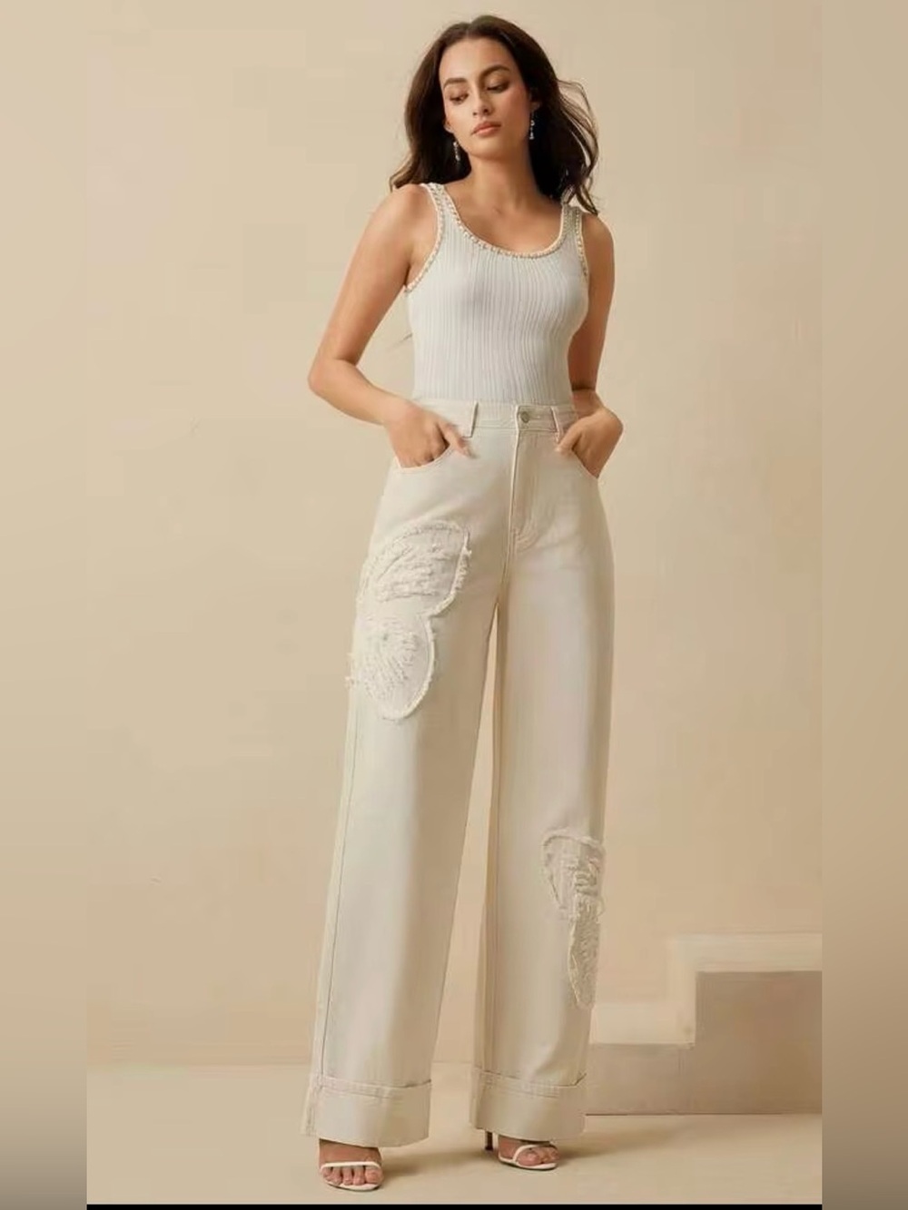 YELLOW Wide-Leg Jeans with Embroidered Butterfly Appliqués